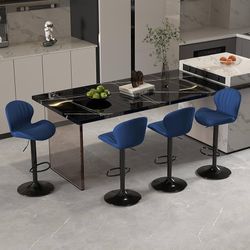 Modern Bar Stools Set of 4, Velvet Height Adjustable Swivel Barstools, Armless Kitchen Island Counter Chairs with Back & Footrest, Blue