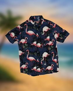 Brooklyn Cloth Flamingo Print Men’s Size Small Button-Up Shirt Navy Short Sleeve