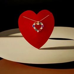 Gold and CZ Multicolored Jeweled Heart Necklace 