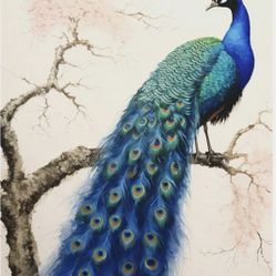 1 Piece Blue Peacock Canvas Wall Art Animal Painting Wall Decor Elega