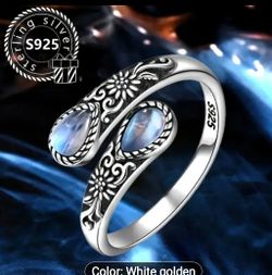 925 Sterling Silver NATURAL Moonstone Double Teardrop Gemstone Adjustable Ring 