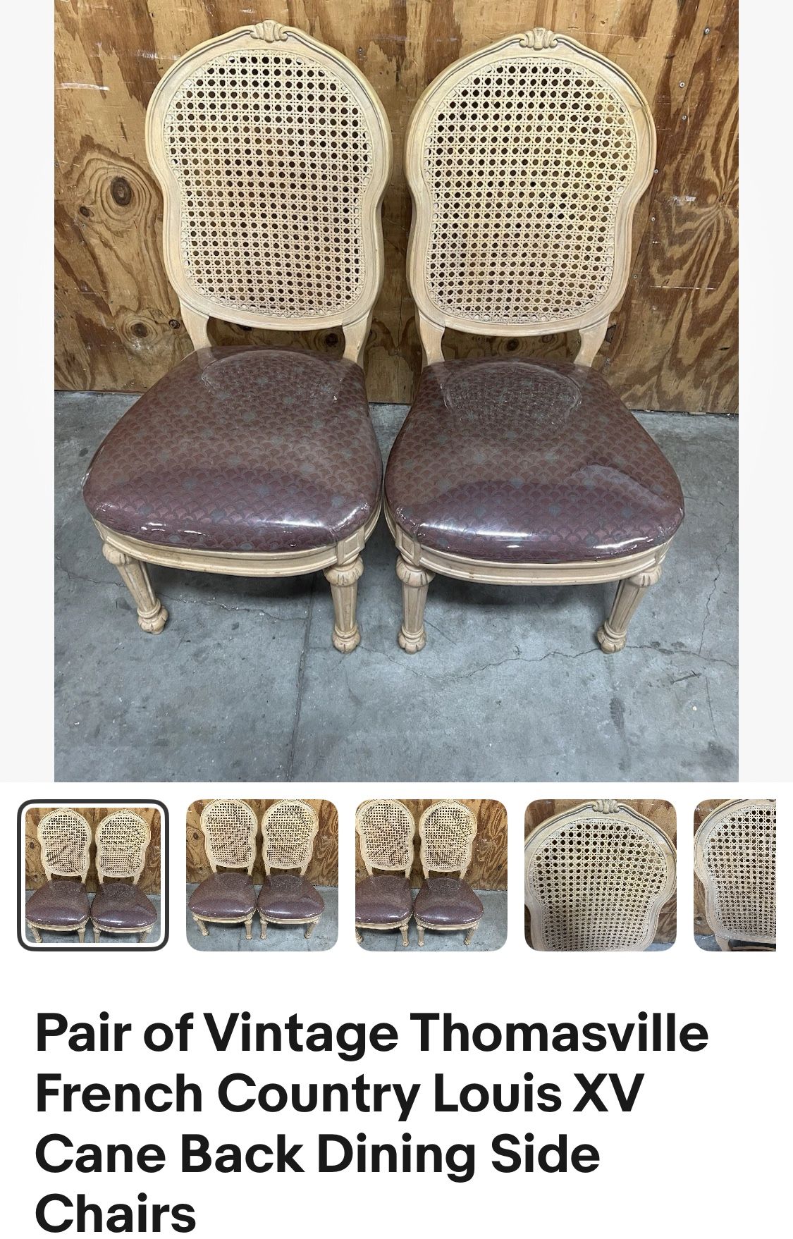 Pair of Vintage Thomasville French Country Louis XV Cane Back Dining Side Chairs. Used in good condition with minor cosmetic blemishes. These blemishe
