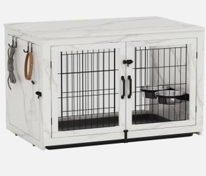 Wooden Dog Crate Furniture with 360°Rotatable Removable Dog Bowls, Dog Crate End Table with Tray, Double Doors Dog Kennels for Dogs(XL:43.2" L*28.6" W