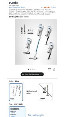 Eureka RapidClean Pro NEC280TL Cordless Stick Vacuum Cleaner