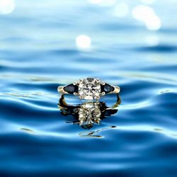 18kt White Gold with Round Center Lab Diamond and Two Pear Shape Blue Stones Ring