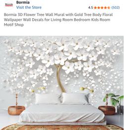NEW Bormia 3D Flower Tree Wall Mural – White & Gold – 195” x 120”