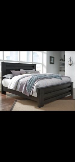 Dark Gray Wood Panel Bed Frame with mattress and box spring