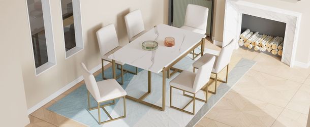 TOPMAX Modern Dining Table Set for 6 Faux Marble Kitchen Table Set with 6 Upholstered Dining Chairs, 7-Piece, White+Golden