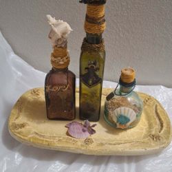 
Vintage Mexican Stoneware Tray & 3 Coastal Artisan Bottles Set