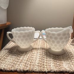 Anchor Hocking Milk Glass Bubble Pattern Open Sugar and Creamer Scalloped Top