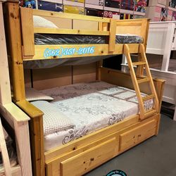 Twin Full Natural Bunk Bed With Mattresses New Trundle