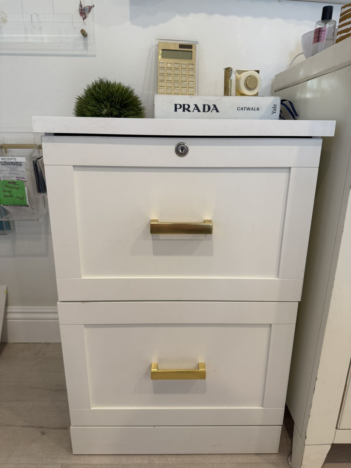 Beautiful White Locking Modern Filing Cabinet Gold Hardware 