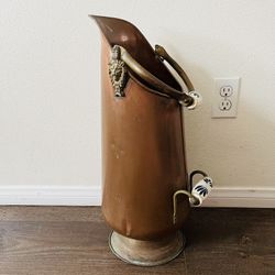 Vintage Copper Coal Scuttle with Lion Motif and Ceramic Handles 