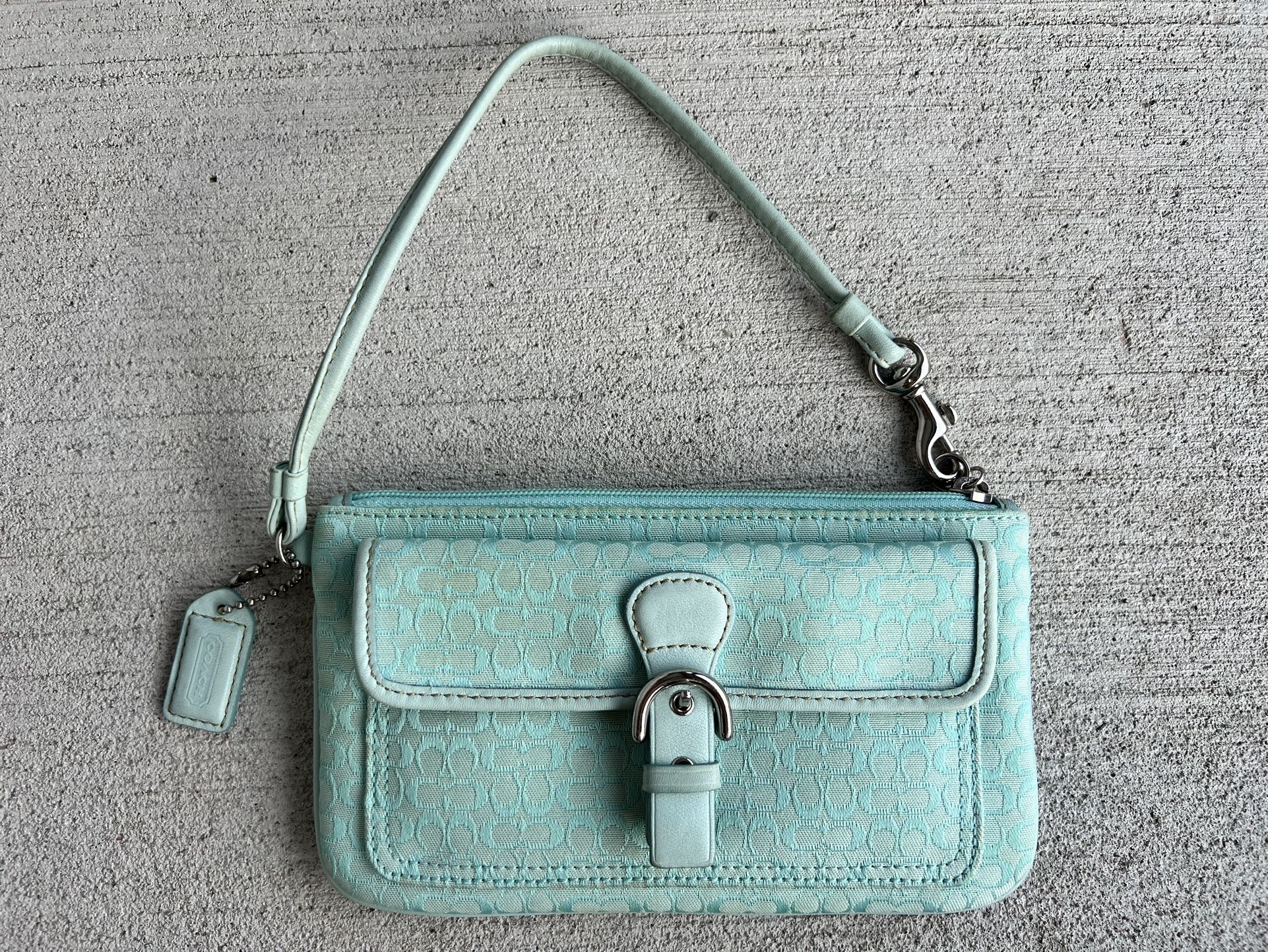 Coach Signature Wristlet Light Aqua Blue Mini Bag with Front Buckle Pocket