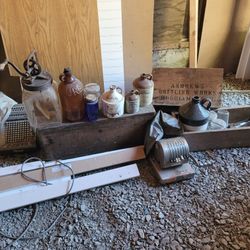 Mic Old Bottles, Churn,old Wood Boxs,wisky Jugs.