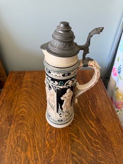 Vintage Large 15” German Style Beer Stein #999 Relief Ceramic Pewter Lid
