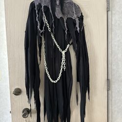Scary Grim Reaper Type Kids’ Halloween Costume With Hoodie, Mask, Skeleton Hands, Tattered Tunic, and Chains Size kids Large 