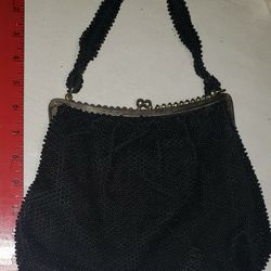 Vintage 1960s Purse Black Beaded Handbag Mid Century Top Handle Bag
