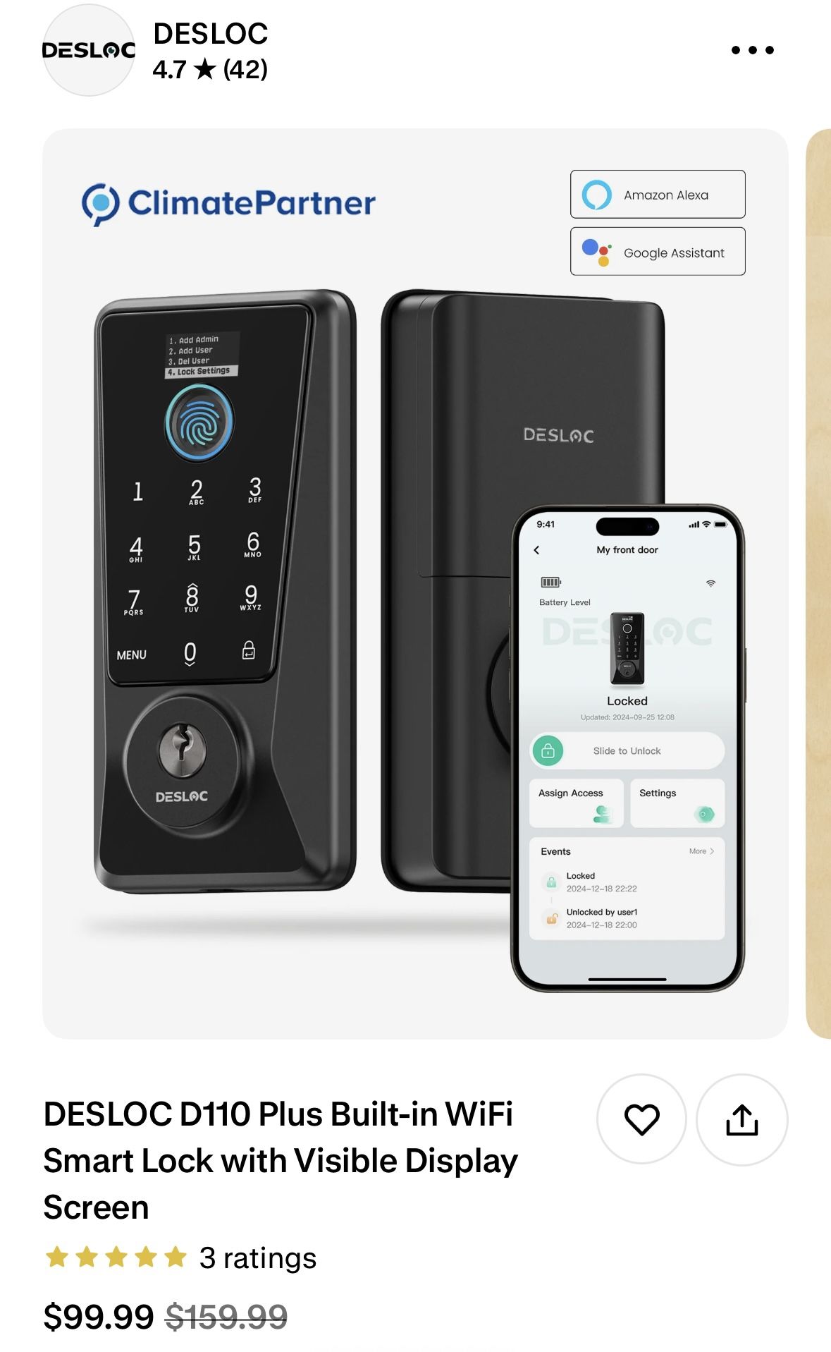 DESLOC D110 Plus Built-in WiFi Smart Lock with Visible Display Screen