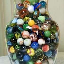 Vase Full Of 375 Marbles Beautiful, Colorful & Collectible  For Play Or Display