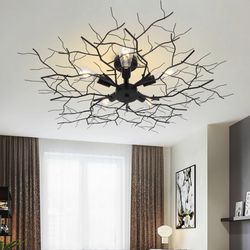 Large Semi Flush Mount Ceiling Light Fixture, Black Modern Chandelier with Branch Shapes, 5-Lights Industrial Close to Ceiling Light Fixtures