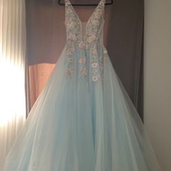 Long Baby Blue Dress Embroidered With Flowers And Jewels