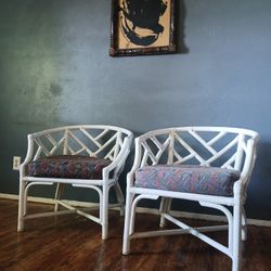 2 Vintage Boho Chic Bamboo Rattan Chippendale Chairs by Henry Link