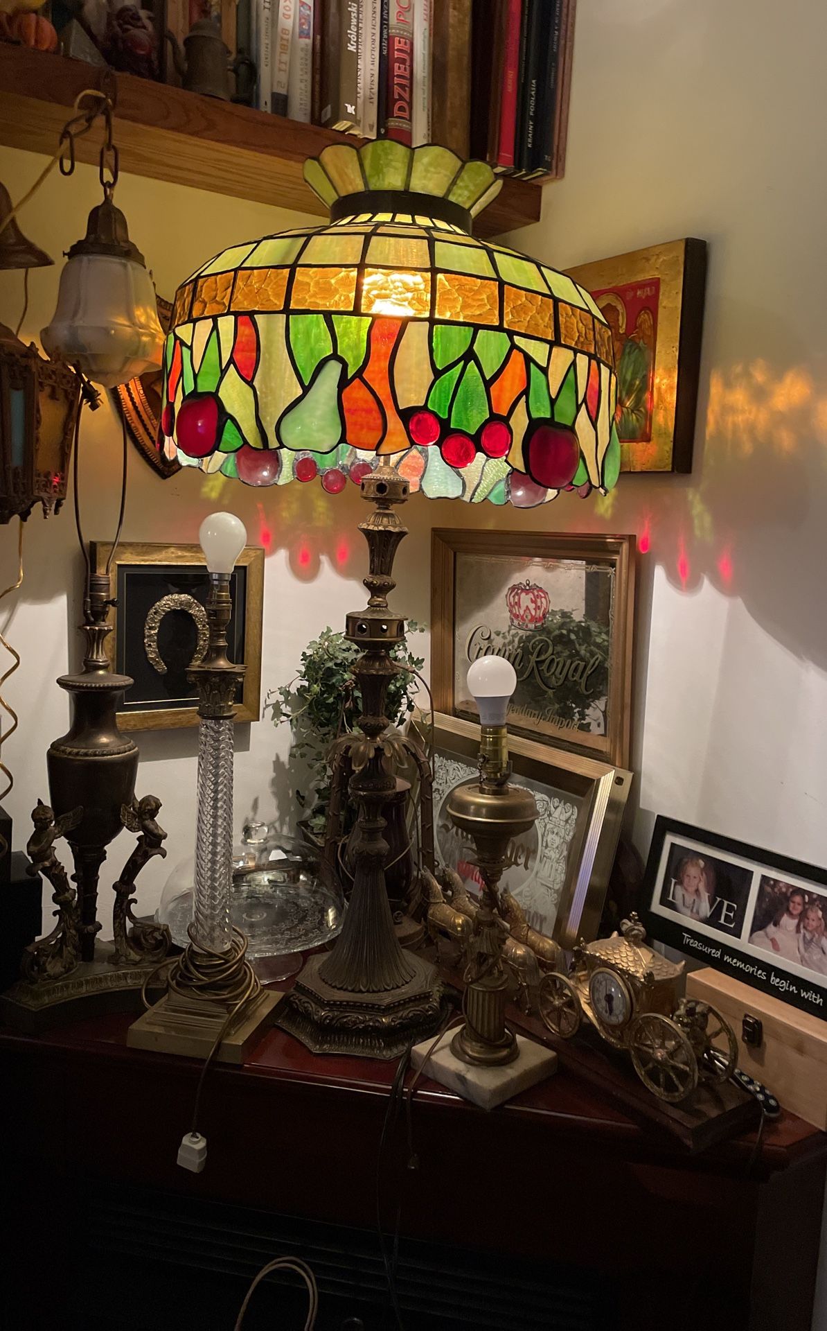 Vintage / Antique Lamp W Glass Stained  Shade Large Shade