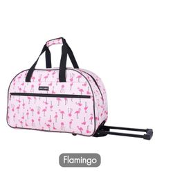 PINK FLAMINGO CARRY ON ROLLING DUFFEL BAG WITH TELESCOPING HANDLE 