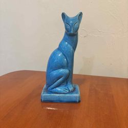 Vintage Cat Turquoise Blue Glazed Ceramic Figurine made in China 8”