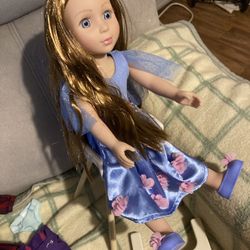 14” Glitter Girl Doll, Clothes & High Chair Read Description 