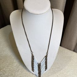Gold Tone Chain & White Opalescent Chevron Beaded Pendant Necklace vintage ZAD 