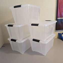 IRIS USA 32 Quart Stackable Plastic Storage Bins with Lids and Latching Buckles, 5 Pack