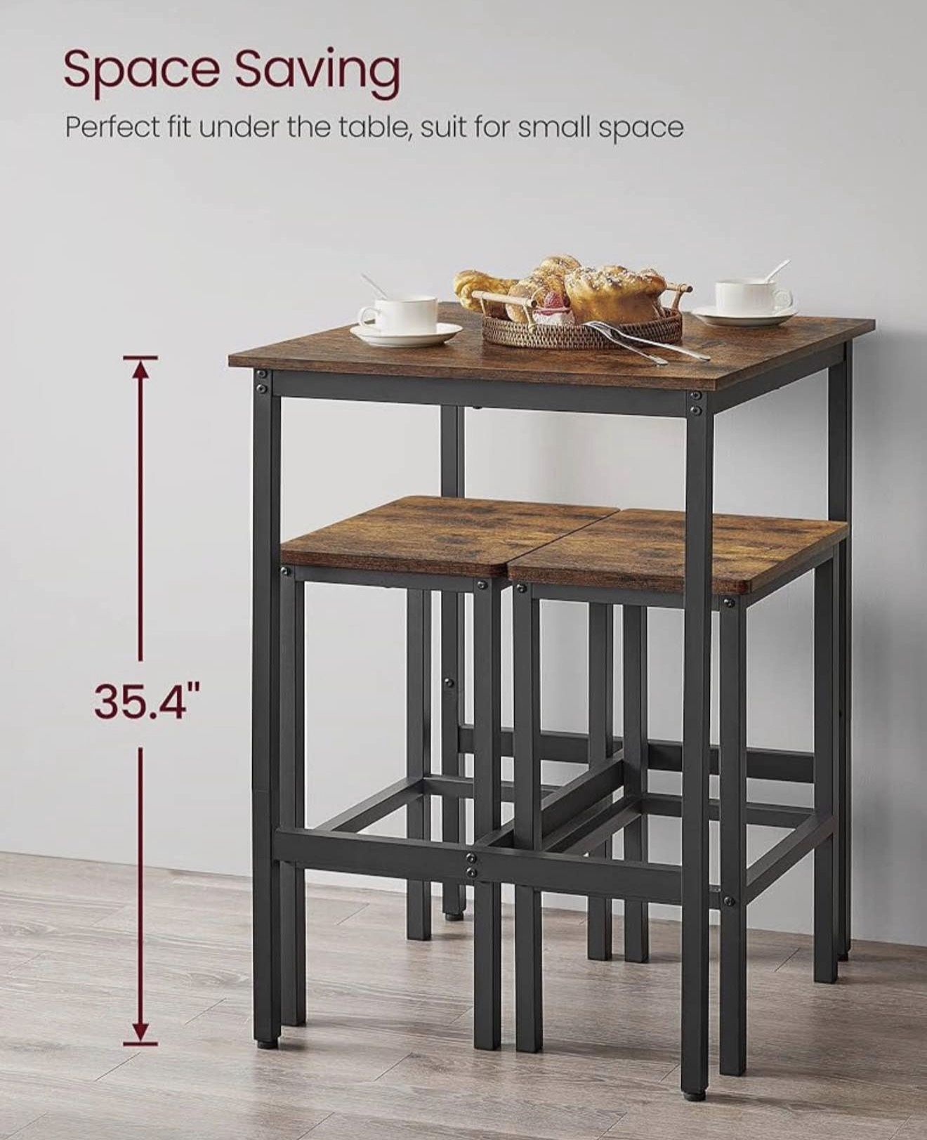Bar Table and Chairs Set, Square Table with 2 Stools, Dining Pub Set for 2, Space Saving for Kitchen Breakfast, Living Room, Party Room, R