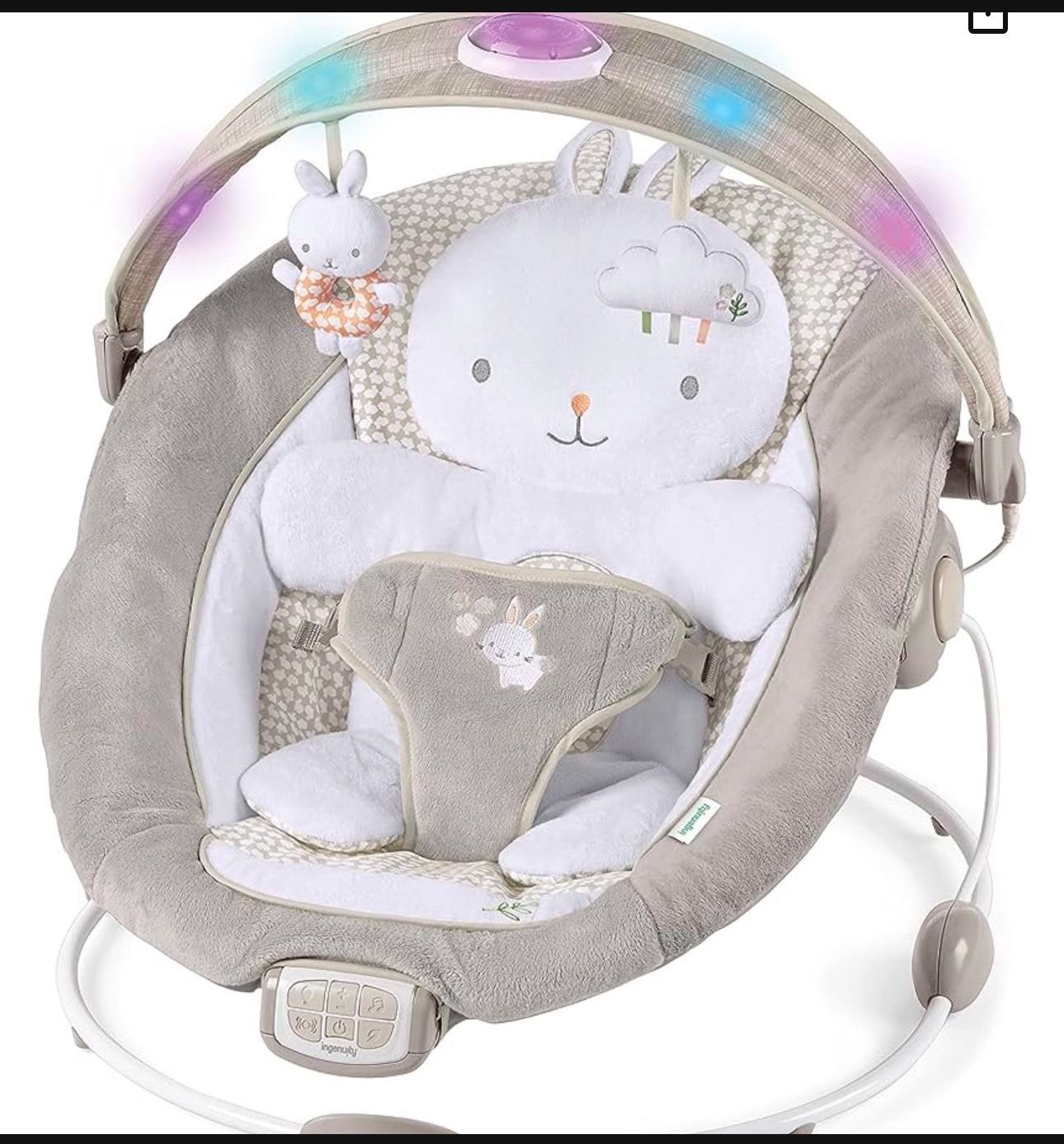 InLighten by Ingenuity Twinkle Tails Vibrating Infant Baby Bouncer with Lightning Toy Bar and Pillow