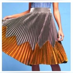 NEW ANTHROPOLOGIE HD Paris Magdalena Pleated Metallic Midi Skirt Silver & Gold L