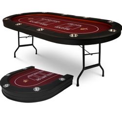 LUCKYERMORE Upgraded 10 Players Poker Table with Cup Holder, 91’’ Extra Large Folding Casino-Style Texas Game Poker Tables with Padded Rails, Red Felt