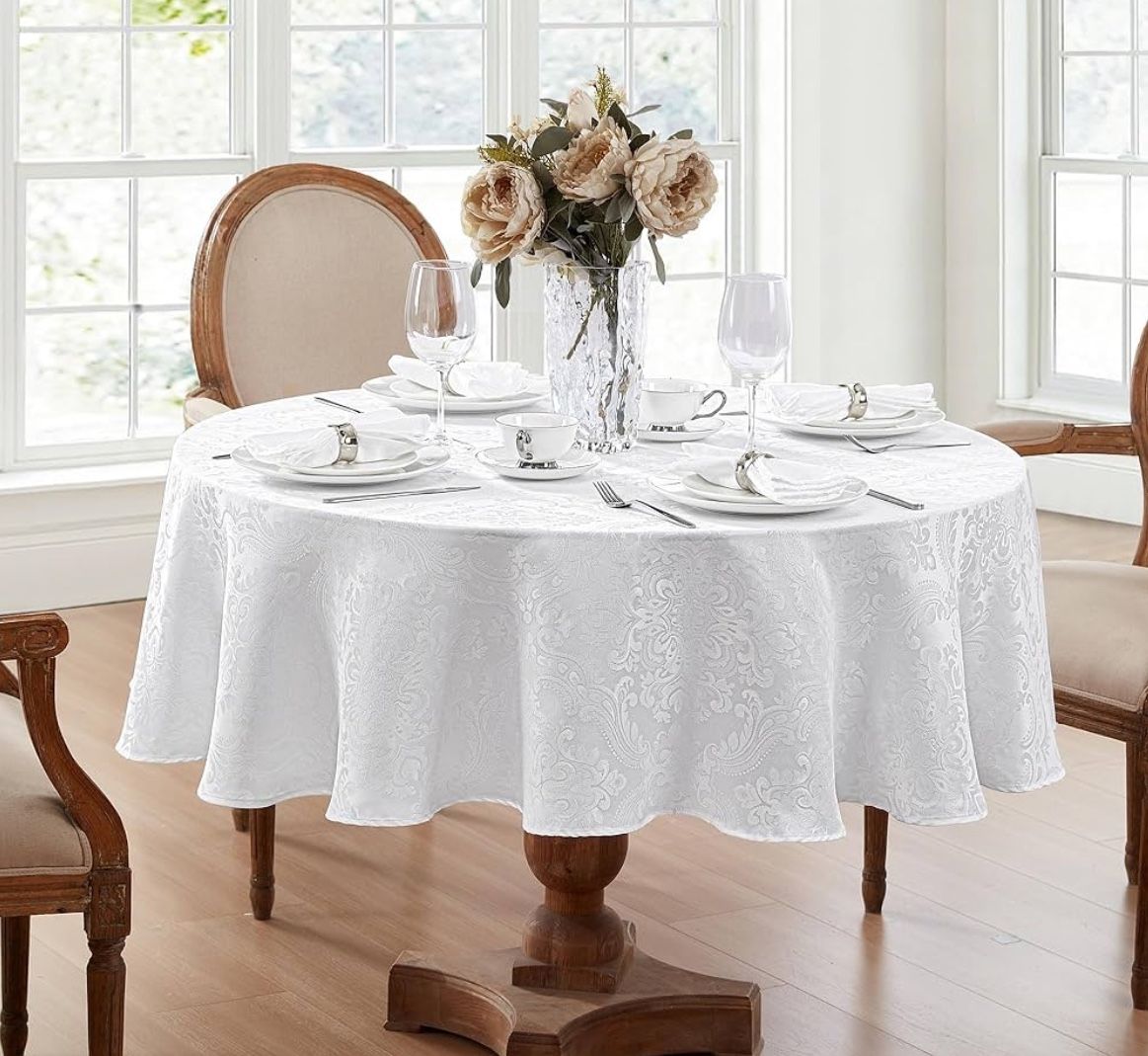 Damask Fabric 90’ Round White Tablecloth