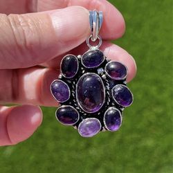 Round Cluster Amethyst Silver 2” Pendant