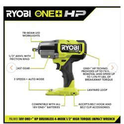 RYOBI ONE+ HP 18V Brushless Cordless 4-Mode 1/2 in. High Torque Impact Wrench (Tool Only