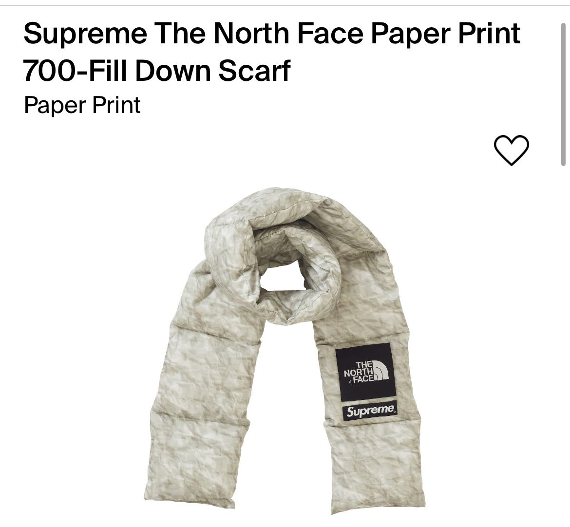 Supreme The North Face Paper Print 700-Fill Down Scarf