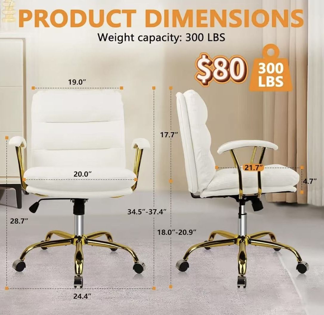 😀 Ergonomic Office Desk Chair with Wheels and Arms, Faux Leather Computer Chair for Home Bedroom Office, White Chair Gold Caster Capacity up to 300lb