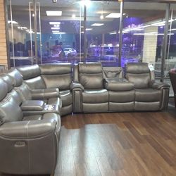 Top Grain Genuine Leather Dual Power Reclining Sectional Sofa With Four Recliners Real Leather ITable Drop-down With Bluetooth Speakers And Charging
