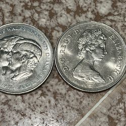 2 British Crown Coins Commemorating 1981 Wedding Prince Charles & Lady Diana