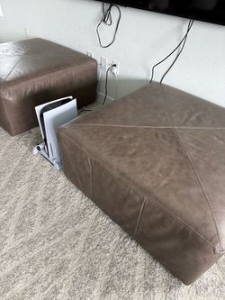 Set of 2 Oversized Brown Leather-Look Ottomans – 35”