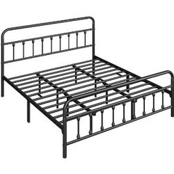 Classic Iron Platform Bed with High Headboard and Footboard, Strong Metal-Framed Bed with Storage