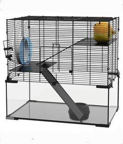 Glass Hamster Cage ~NEW~23.5" Gerbil House or Small Pet Cage w Glass Basin, Wheel, Water, Food~Black