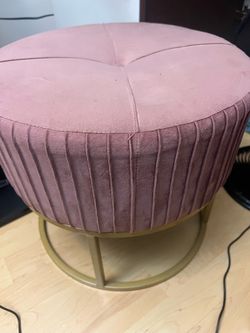 Round Pink Velvet Ottoman with Gold Base