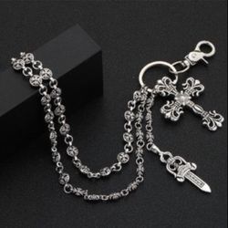 Chrome Beaded Big Logo Cross Hearts Belt Chain Wallet Chain Punk Rock Chain 55 Cm Long Dangle Dagger