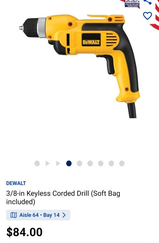 Dewalt 3/8in Keyless Corded Drill